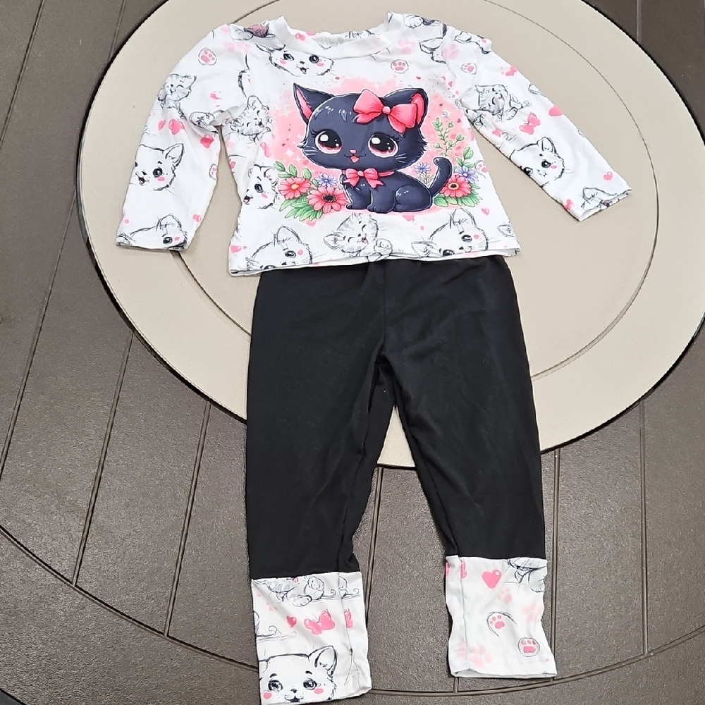 Adorable Cat Print Toddler Two - Piece Black, White And Pink NWOT Size 2T